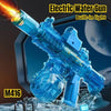 A blue electric water gun with a built-in light is shown firing a stream of water against a dark background.