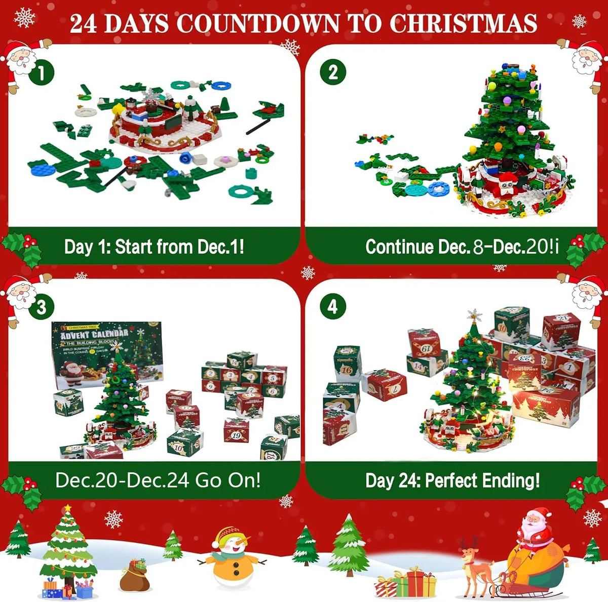A countdown calendar featuring Christmas themed building blocks and figures for a 24-day activity.