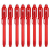 A set of red invisible ink spy pens with UV light for secret messages