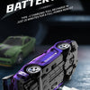 A purple mini 4WD remote control stunt car battery pack with a white charging cable, shown on a dark surface.