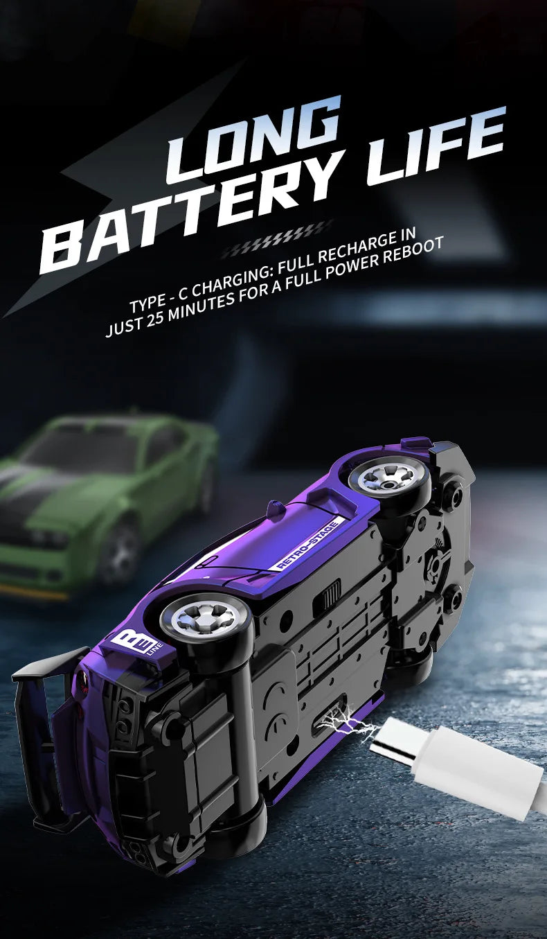 A purple mini 4WD remote control stunt car battery pack with a white charging cable, shown on a dark surface.