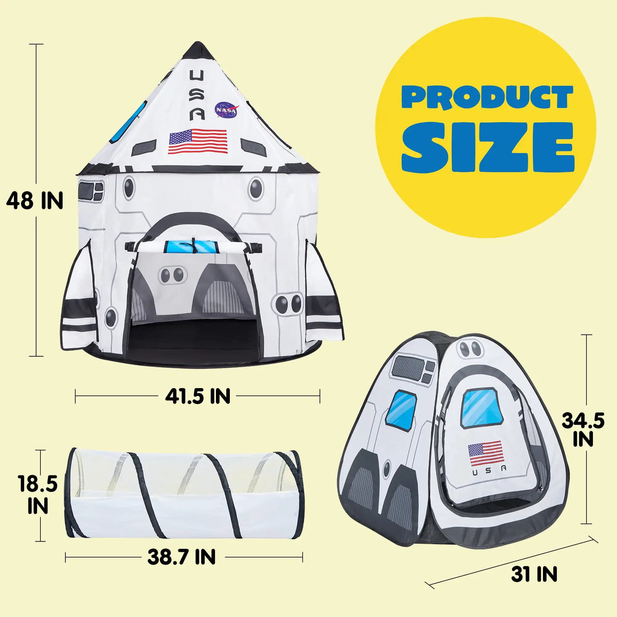 3-Piece Rocket Ship Play Tent Set with Tunnel and Cube