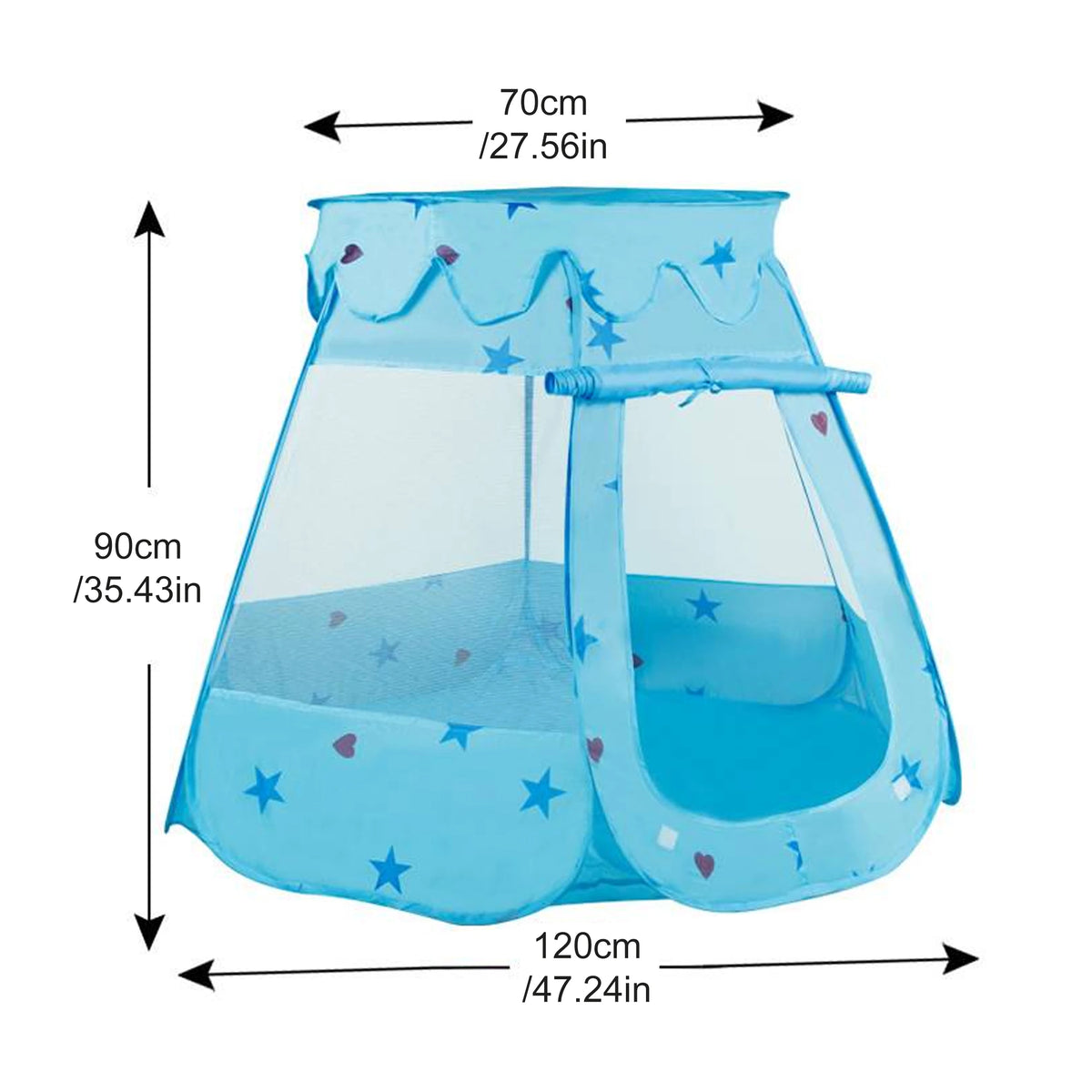 A light blue foldable play tent with a clear plastic top and bottom, measuring 70cm wide by 90cm high.
