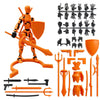 An orange magnetic multi-jointed action figure building set with various accessories and a display stand.