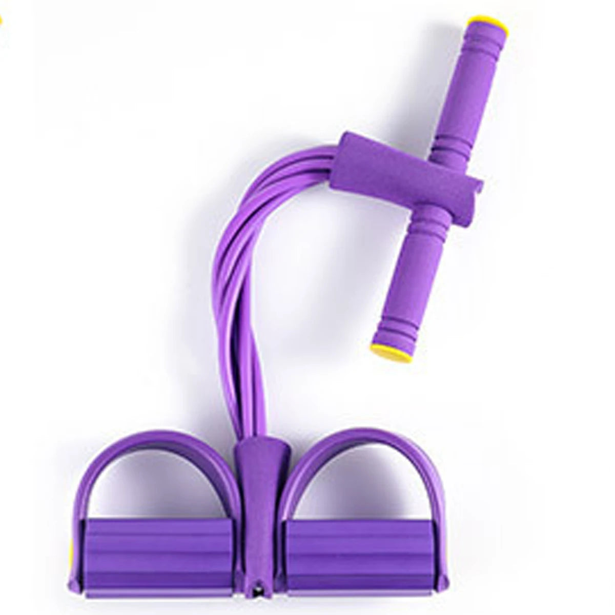 Purple adjustable resistance band kit for full-body home workouts shown with handles and elastic bands
