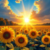 A sunflower field under a bright sunset sky.