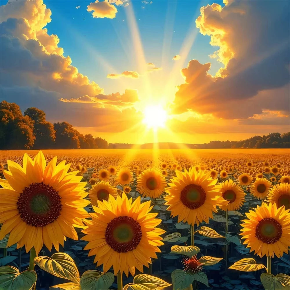 A sunflower field under a bright sunset sky.