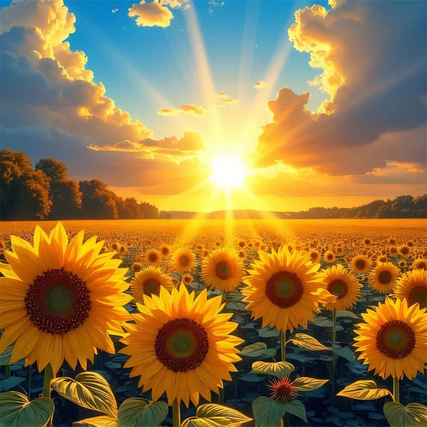 Un champ de tournesols sous un ciel de coucher de soleil éclatant.