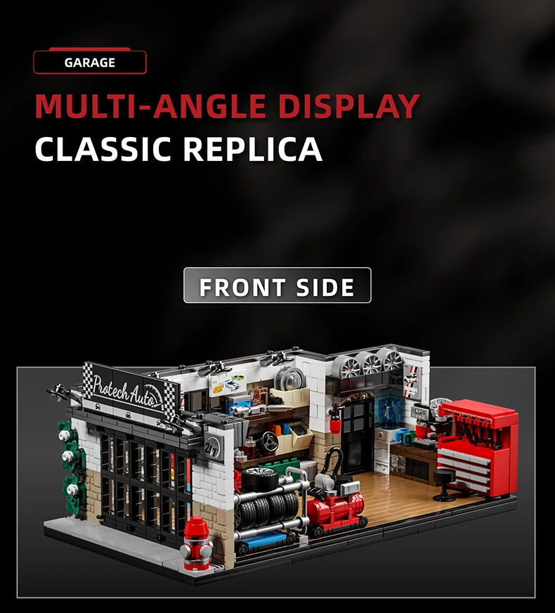 Multi-angle display classic replica of a garage building blocks set featuring a front side view.