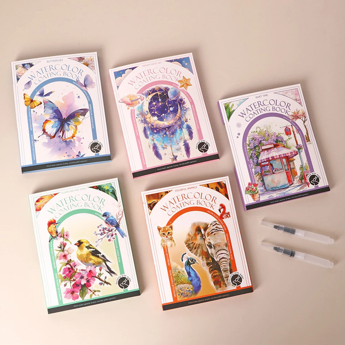 A collection of five watercolor coloring books featuring various subjects like butterflies, flowers, and animals.
