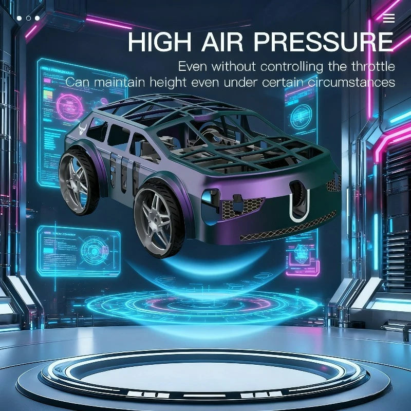 A purple RC car drone is shown in a futuristic setting demonstrating high air pressure capabilities.
