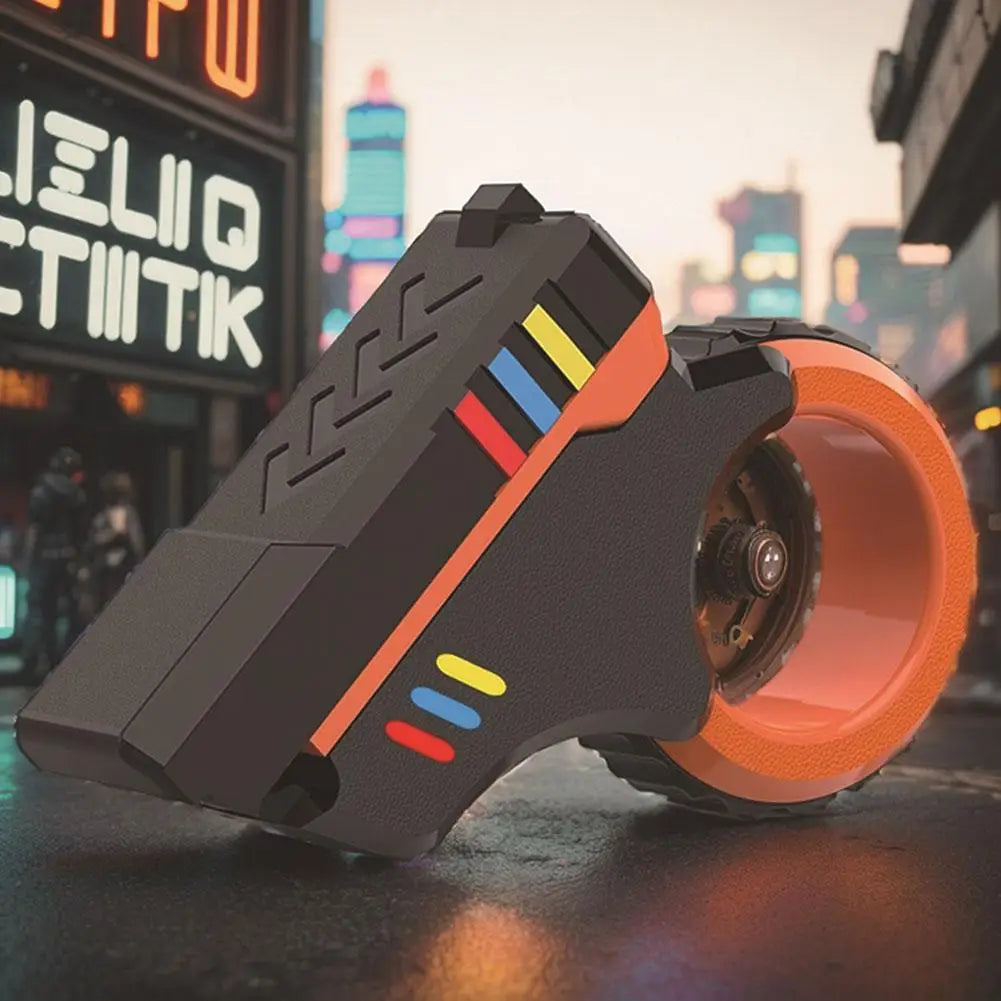 A close-up of a dark gray and orange 3D printed rotary finger slider fidget toy resting on a dark surface.