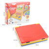 A red toddler learning laptop toy with a yellow frame and music and light features.