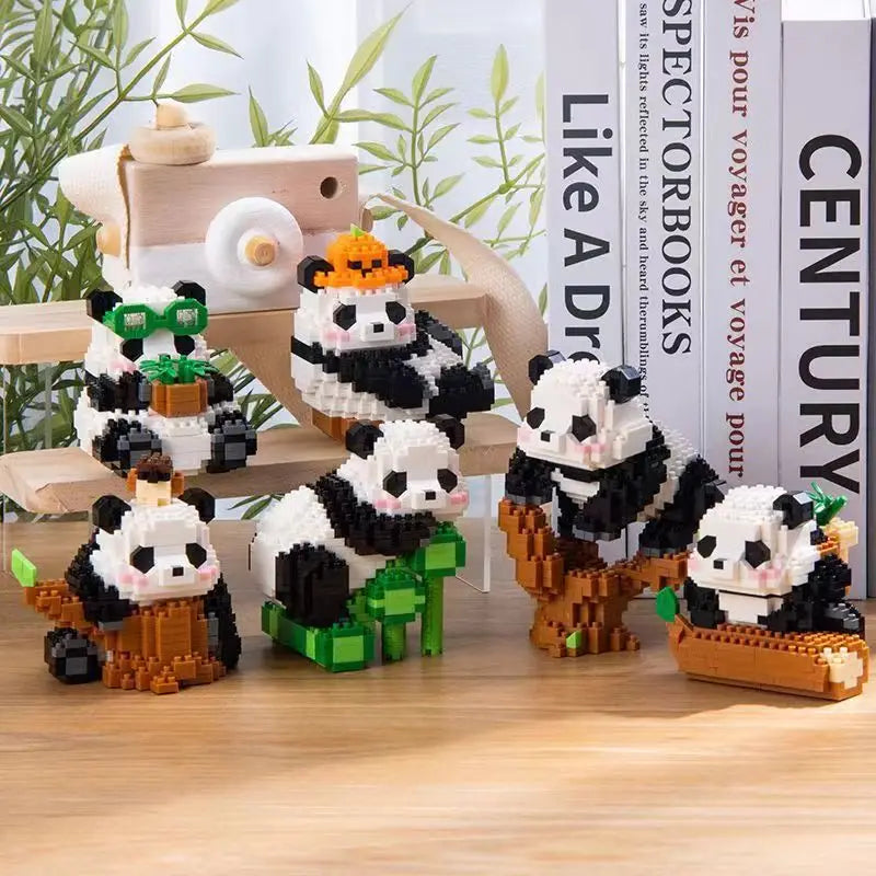 A set of mini panda building blocks featuring various poses and accessories for creative kids.