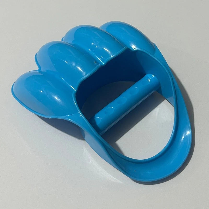 A bright blue dinosaur claw sand digging toy for kids, shown from above.