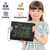 A young girl holds a black LCD writing tablet displaying colorful drawings and letters for educational purposes.