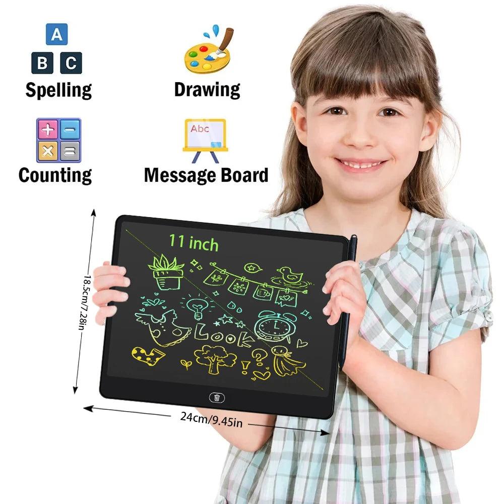 A young girl holds a black LCD writing tablet displaying colorful drawings and letters for educational purposes.