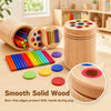 A wooden coin and color sorting toy with various colored rods and discs for toddlers.