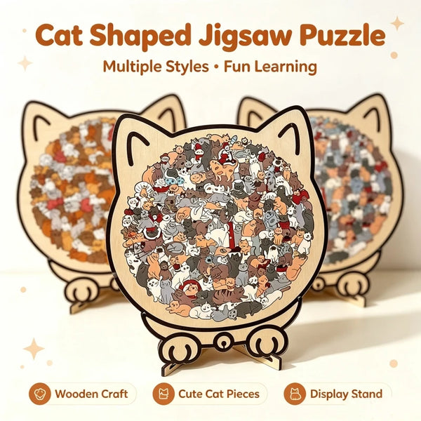 A cat-shaped wooden jigsaw puzzle featuring multiple cute cat pieces and designed as a display stand.