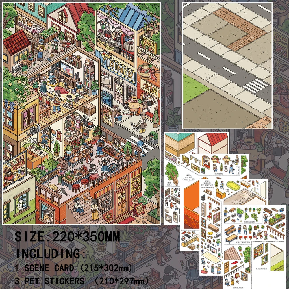 A set of large 3D Kawaii home life scene stickers featuring detailed miniature buildings and street views for scrapbooking.