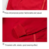 Close-up view of a red zip-up garment showing various features like pockets, cuffs, and fabric texture.