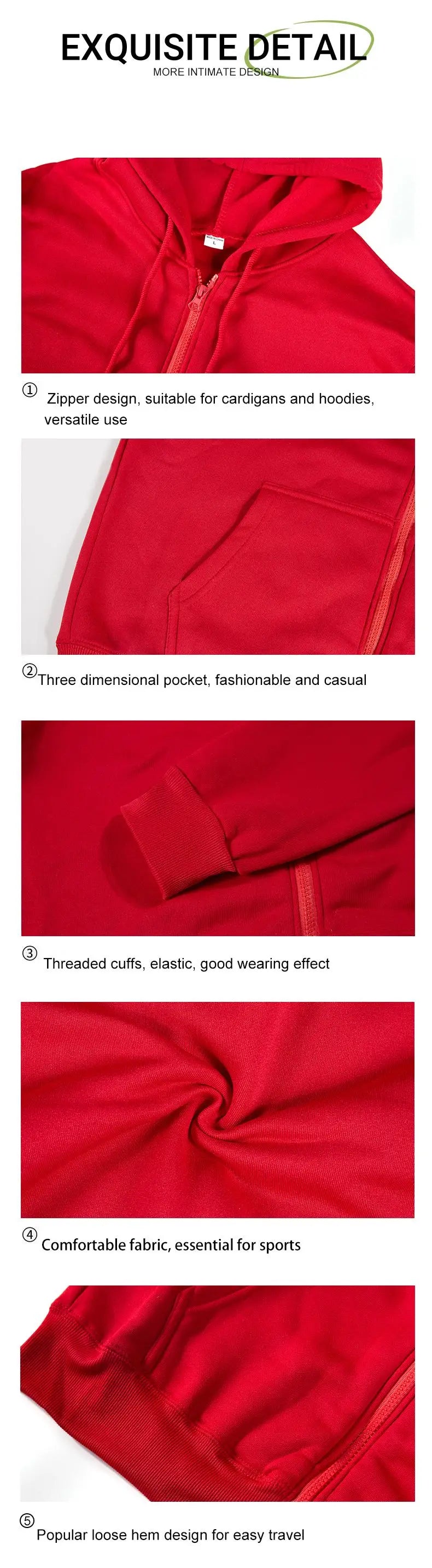 Close-up view of a red zip-up garment showing various features like pockets, cuffs, and fabric texture.