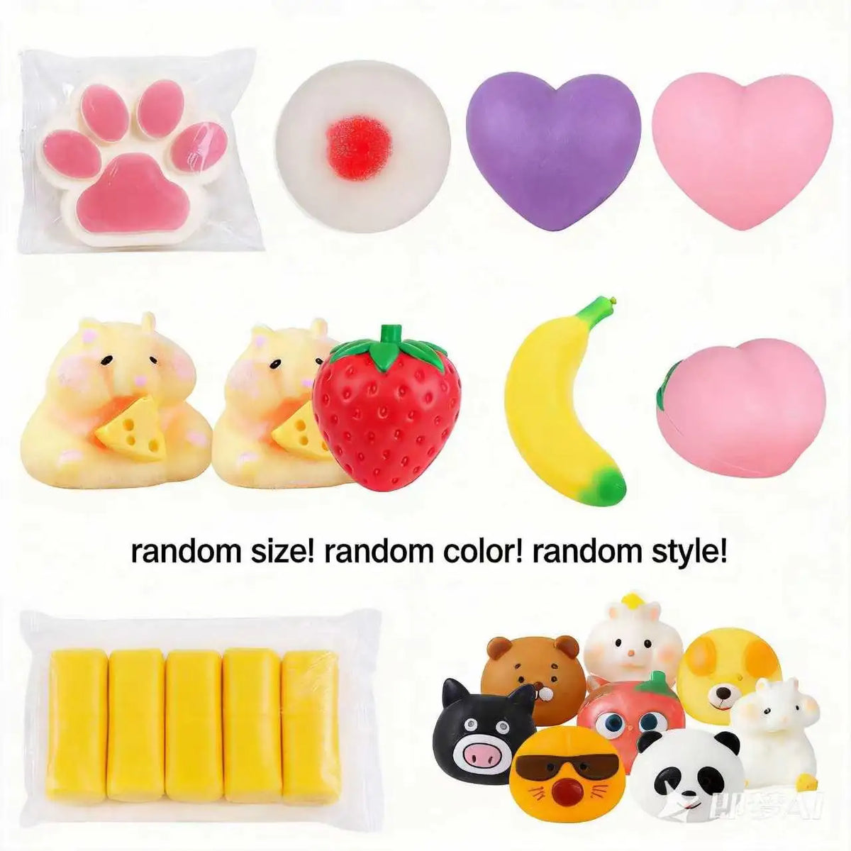 A collection of various squishy fidget toys including heart shapes, a strawberry, a banana, and cute animal figures.
