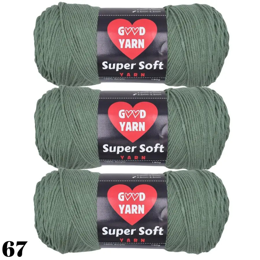 Three skeins of Super Soft Yarn in a muted olive green color for crochet and knitting