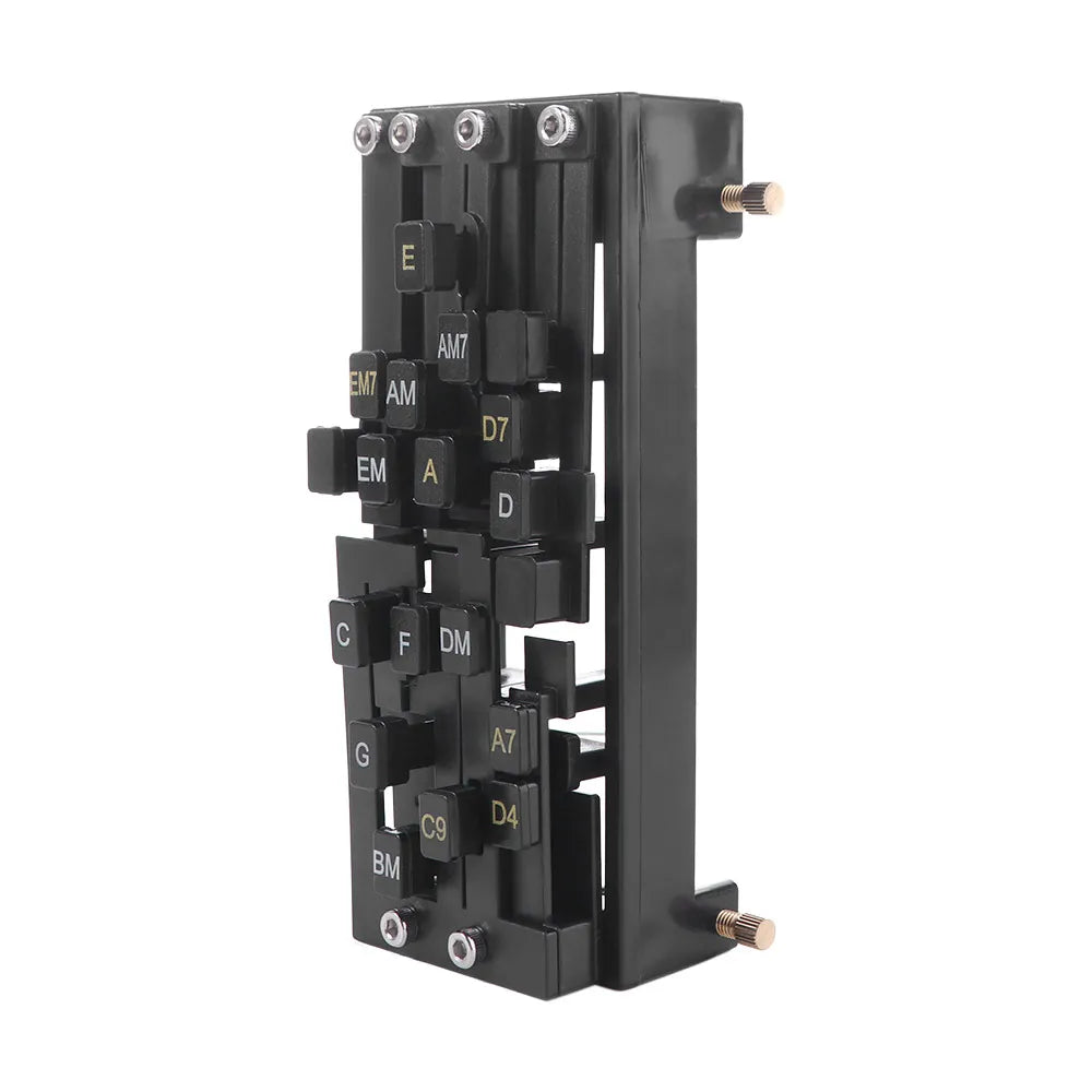 A black beginner guitar chord trainer with multiple tuning pegs and fret markers.