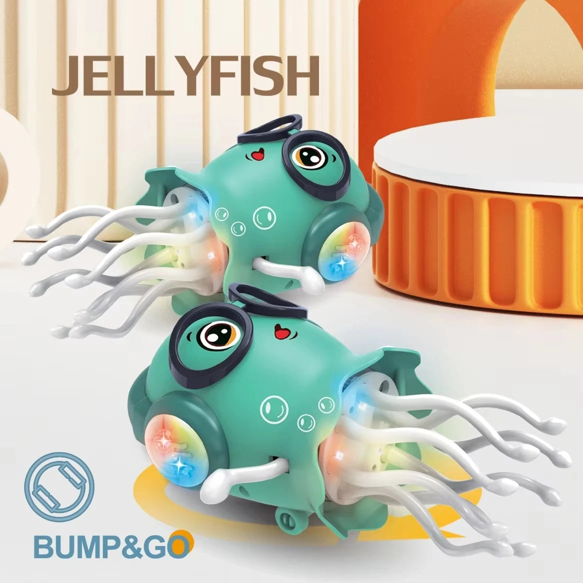 A green jellyfish toy with glowing lights and tentacles is shown next to an orange plastic container.