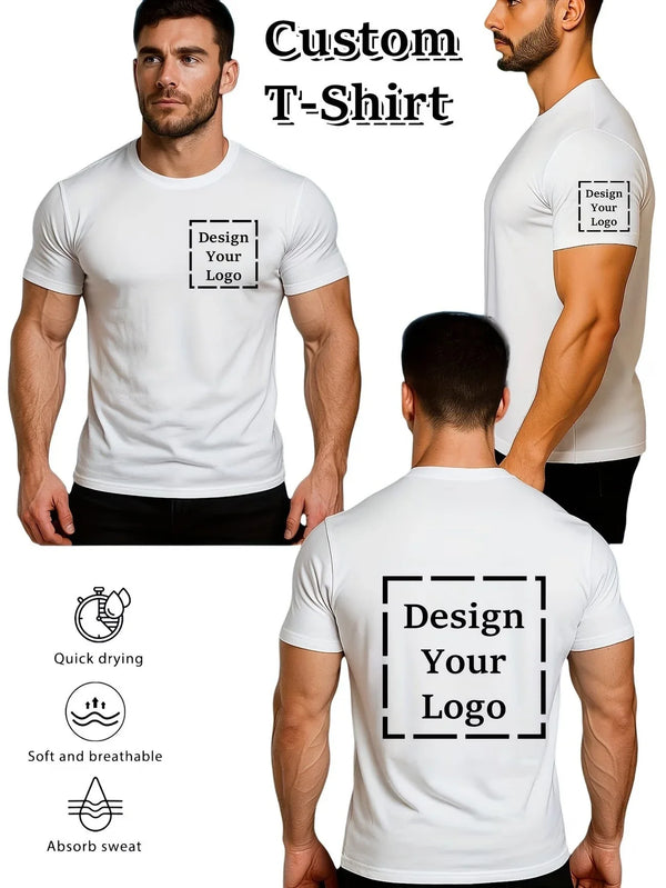 A white custom t-shirt is displayed on a male model, featuring a design area for a logo.