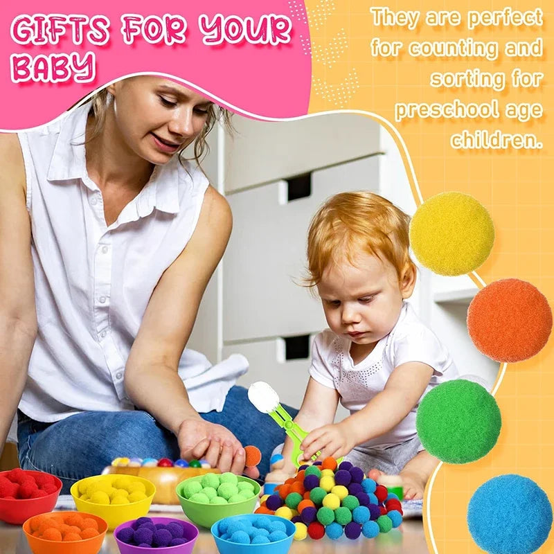 A young girl is shown interacting with a colorful pom-pom counting and sorting set for preschool children.