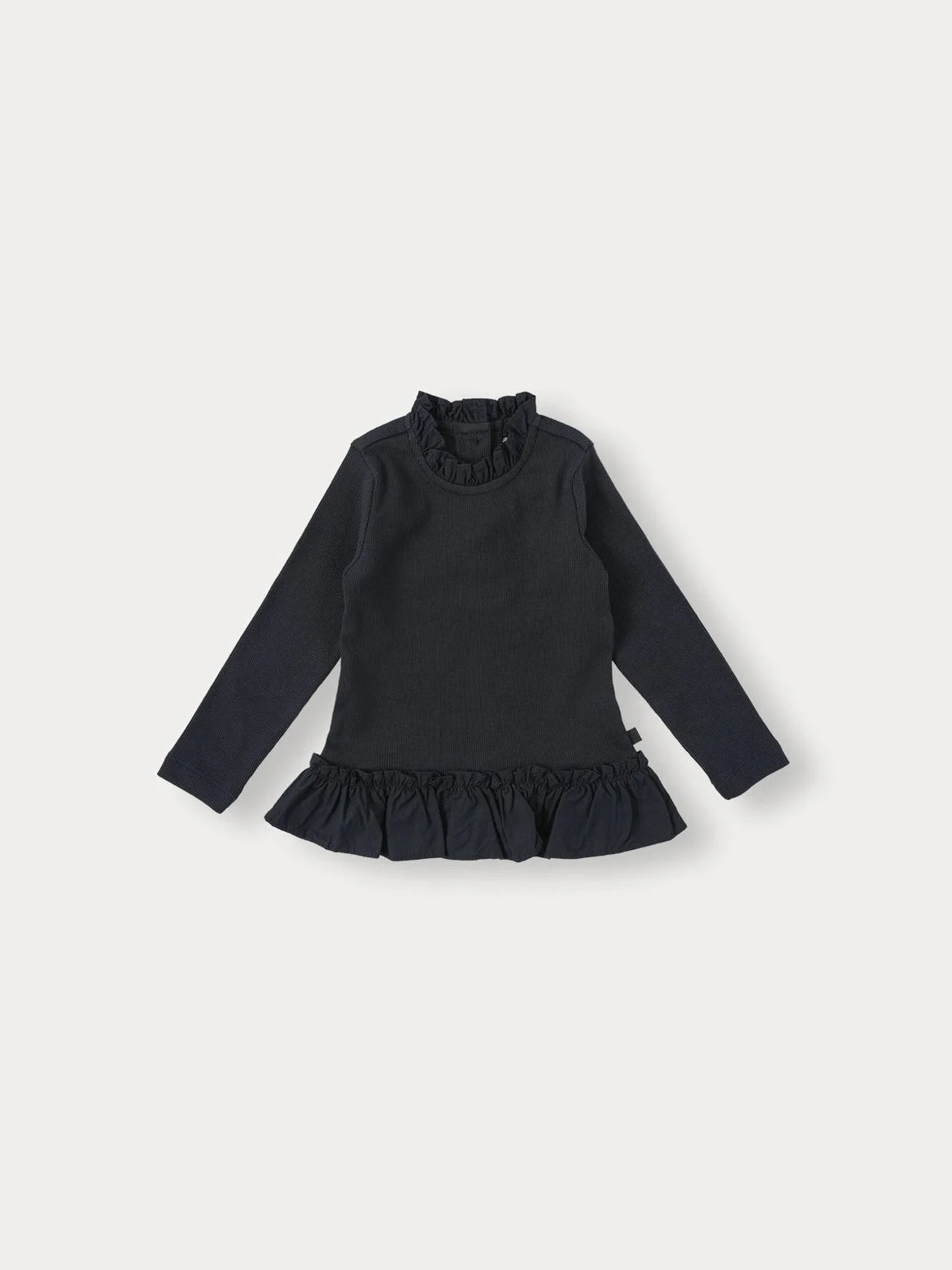 A dark navy knit sweater with a ruffled collar and a matching skirt or pants set for a toddler.