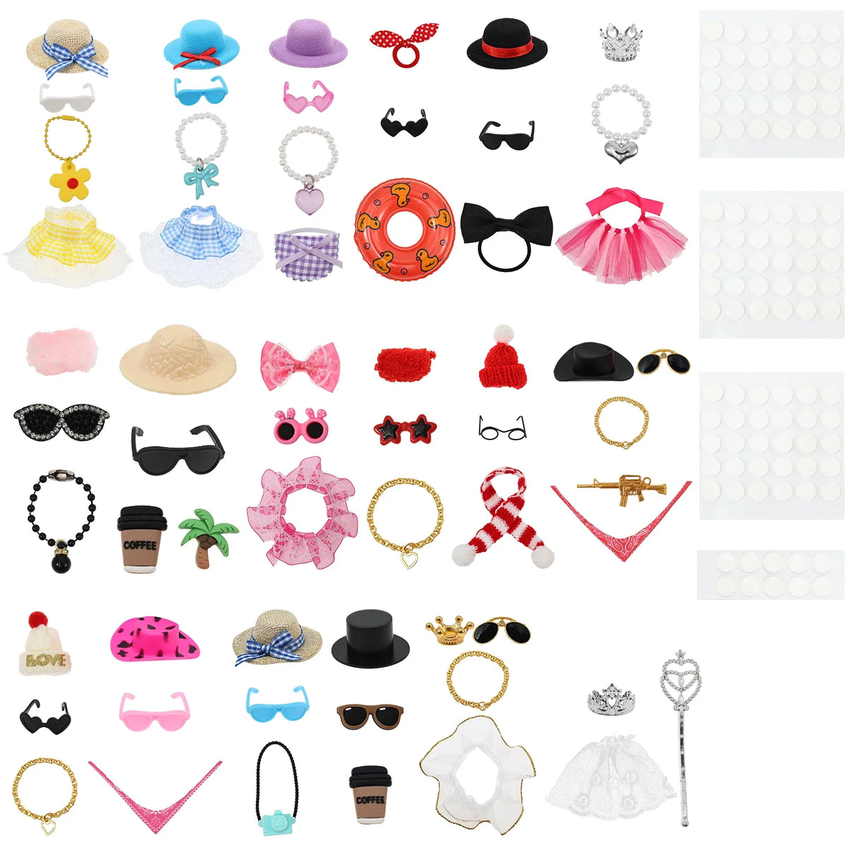 A collection of costume accessories including hats, glasses, necklaces, and other jewelry items for a goose figurine.