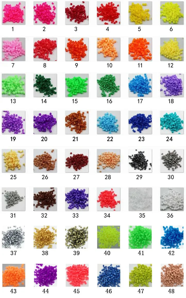 A grid of 22 colorful fuse beads in various shades including pink, red, yellow, green, blue, and purple for craft projects