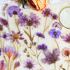 A collection of purple and pink floral PET stickers on a light background for journals and crafts.