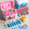 A pink and blue kids doctor pretend play set with various medical tools and accessories displayed on a white surface.