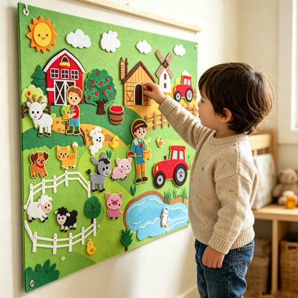 A felt story board depicting farm animals, including a red barn, tractor, and various animals like a cow, pig, and dog.