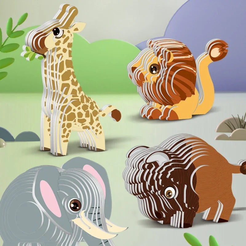 A collection of 3D paper animal puzzle toys featuring safari animals like a giraffe, lion, and elephant.