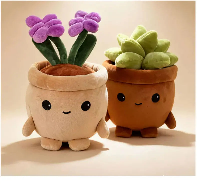 Two plush toys resembling potted succulents, one purple and one green, sitting on a light surface.
