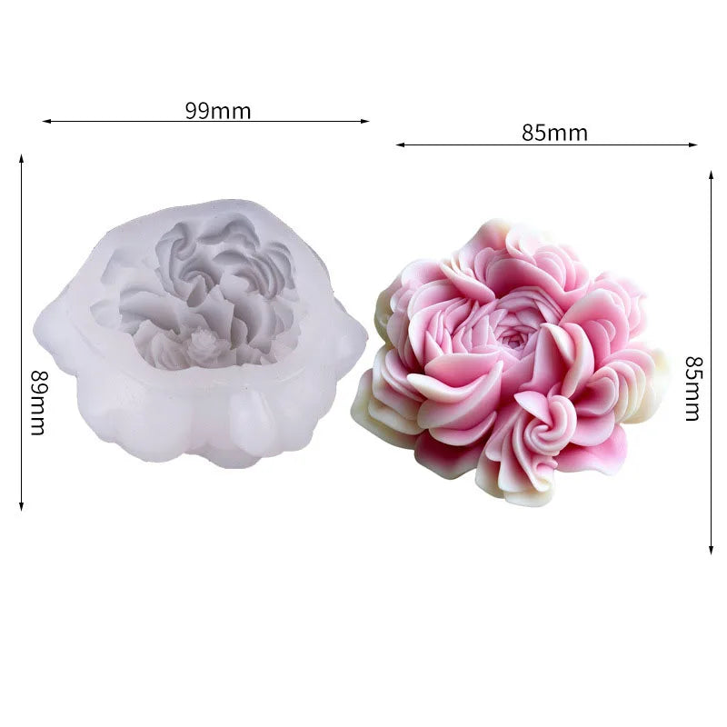 A pair of pink floral silicone candle and resin molds, showing the mold and the finished flower.