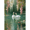 A painting depicting two white egrets standing in calm green water surrounded by pink and green foliage.