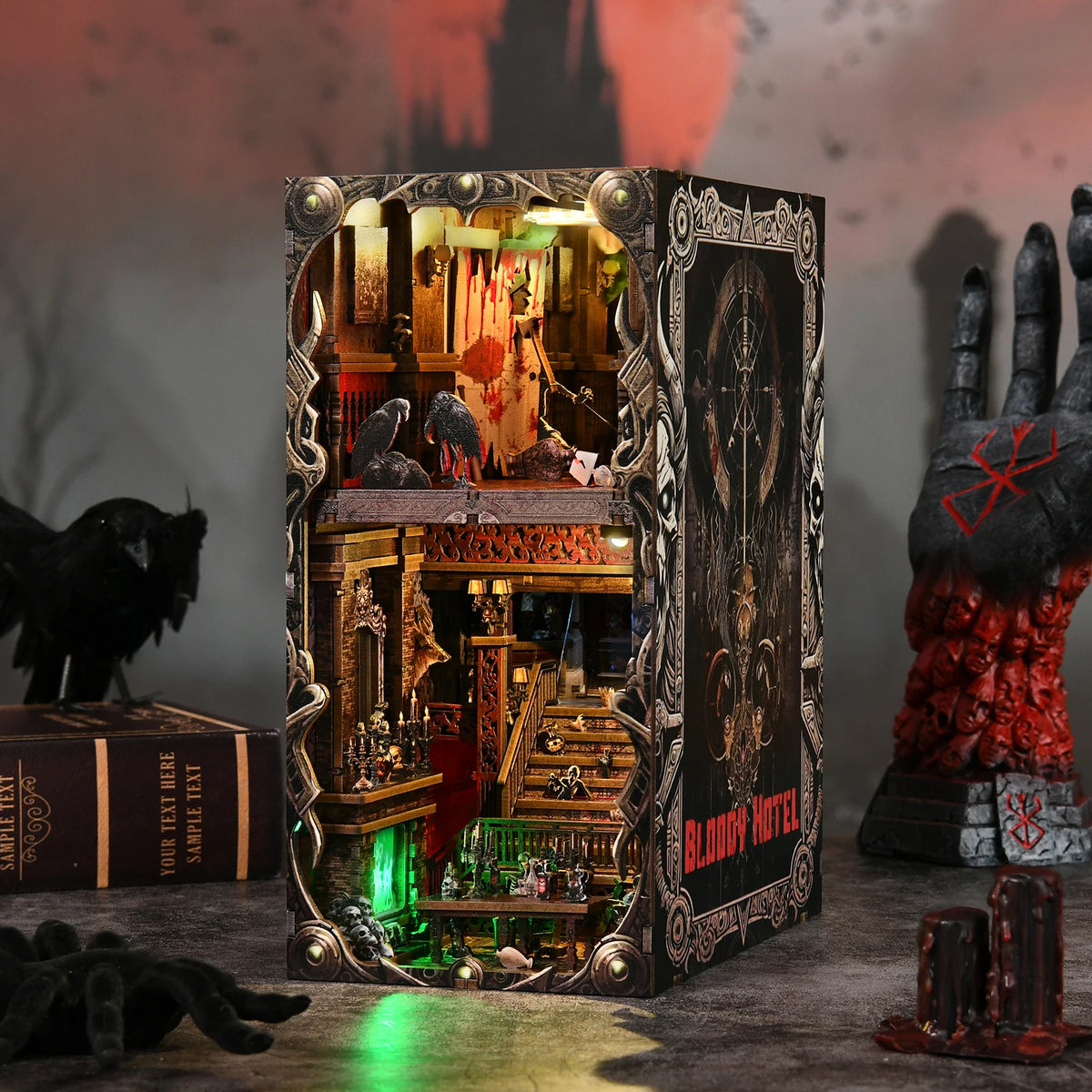 A DIY book nook kit featuring a detailed, dark, gothic hotel scene with miniature figures and lighting.