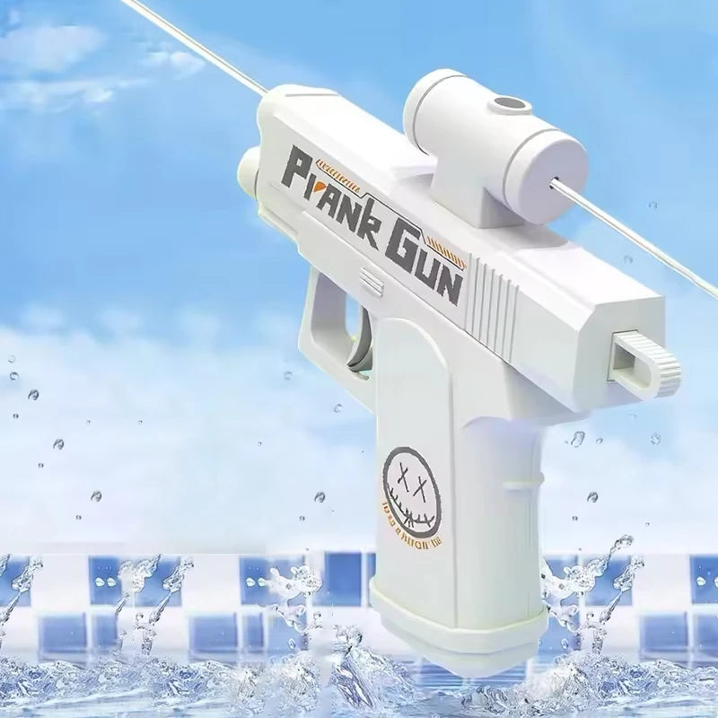 A white two-way prank water gun is shown spraying water in a blue pool.