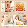 A wooden mushroom castle stacking toy used for animal classification, sound play, door matching training, and safe spring roo
