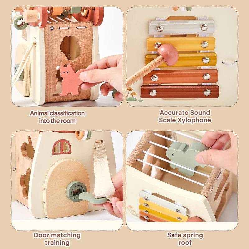 A wooden mushroom castle stacking toy used for animal classification, sound play, door matching training, and safe spring roo