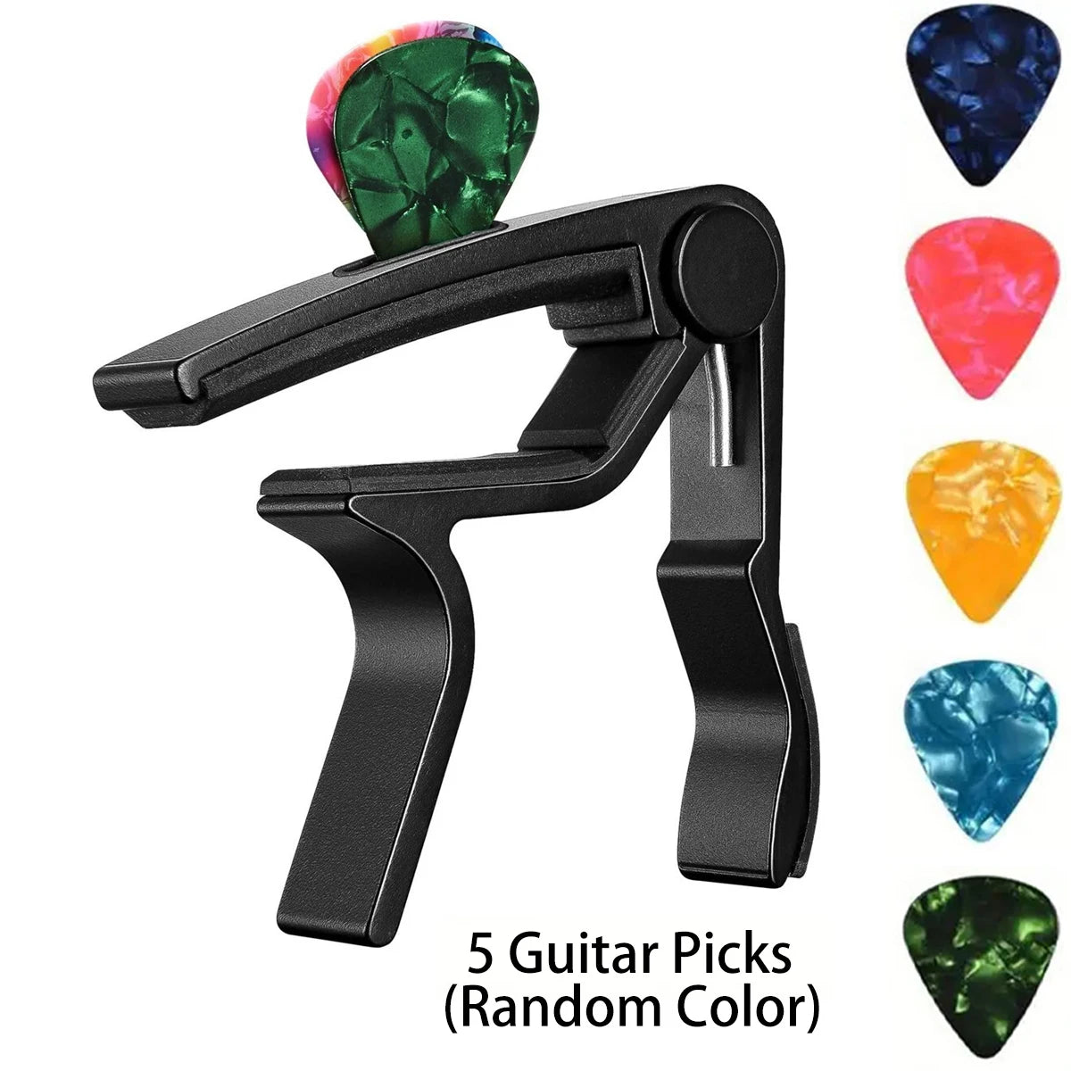 Zinc Alloy Guitar Capo with 5 Celluloid Picks — Fits Acoustic, Electric, Classical, and Ukulele