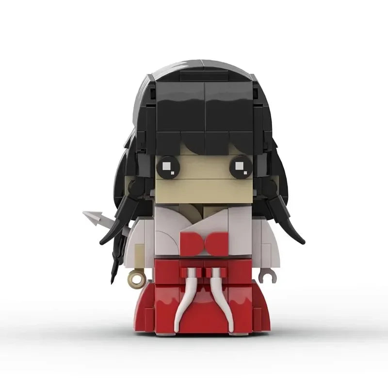 A black anime-inspired collectible building block figure with long black hair and a red outfit.