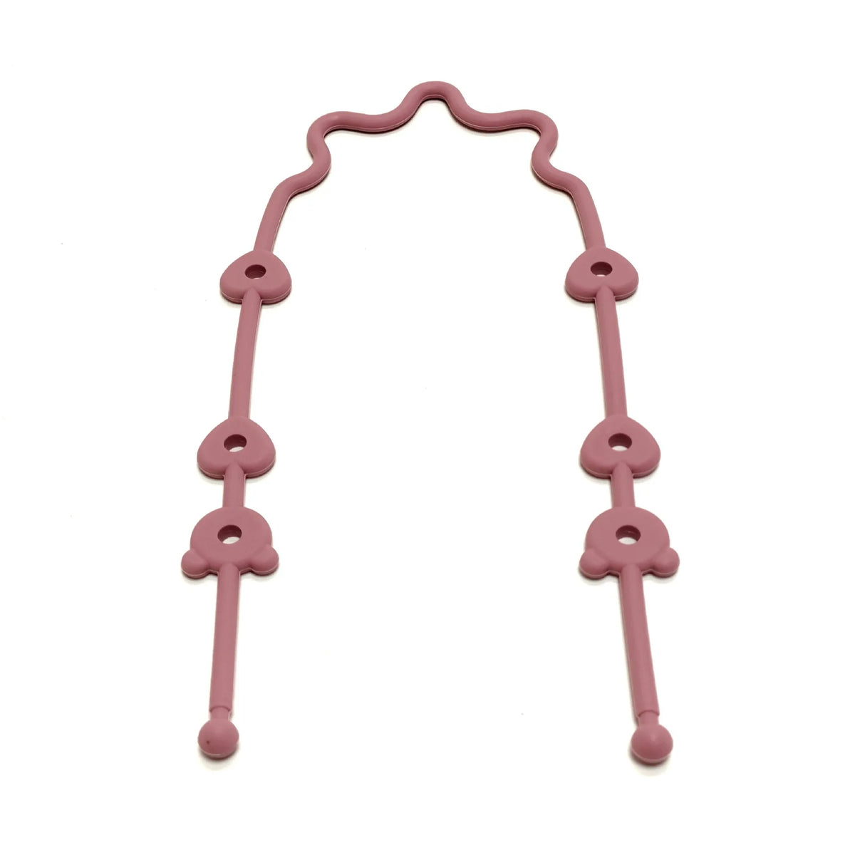 A pink silicone pacifier clip with an anti-drop chain