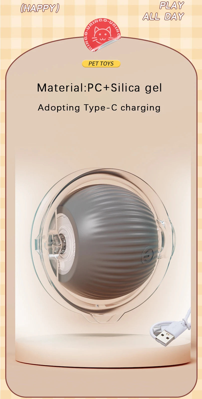 A close-up view of a silicone pet toy ball designed for cats, showing the material and charging port.